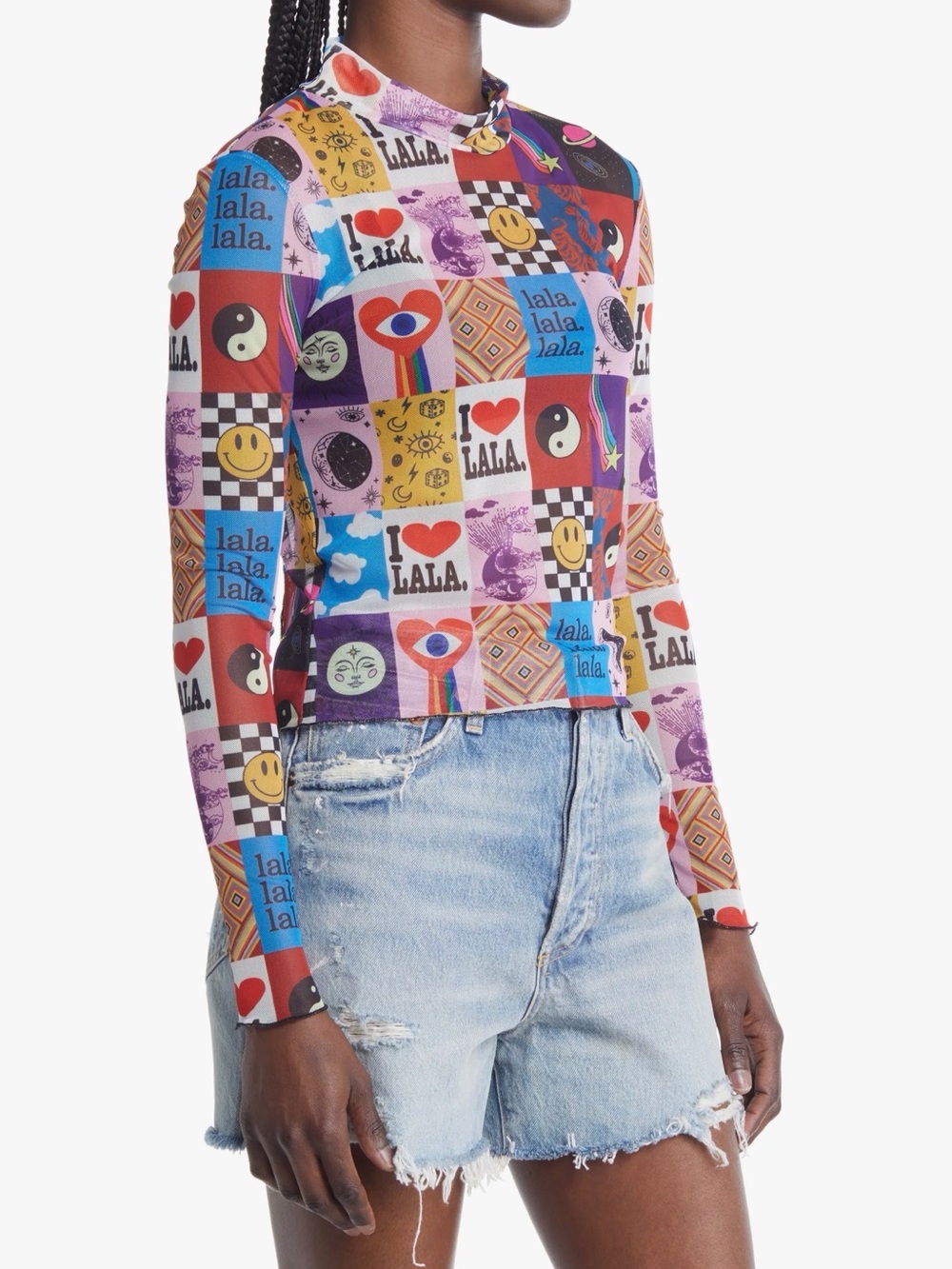 Patchwork Print Mesh Mock Neck Top